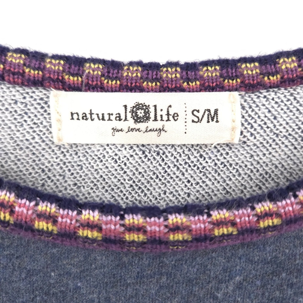 Natural Life Knit Trim Sweatshirt Women S/M Blue Boho Raw Edge Top Cozy - Picture 6 of 8